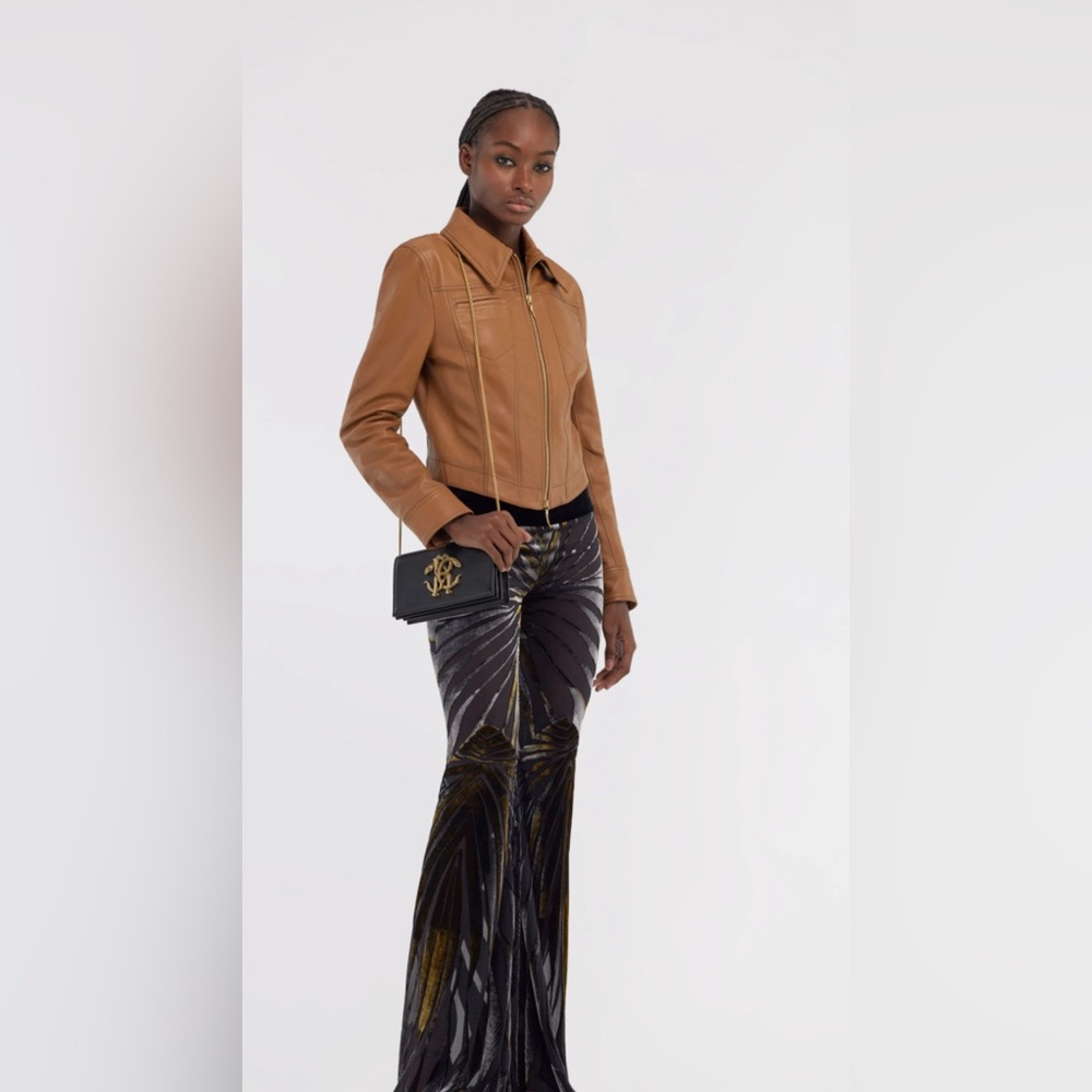 NWT Roberto Cavalli Black/Brown Velvet Pants with Gold Chain Detail